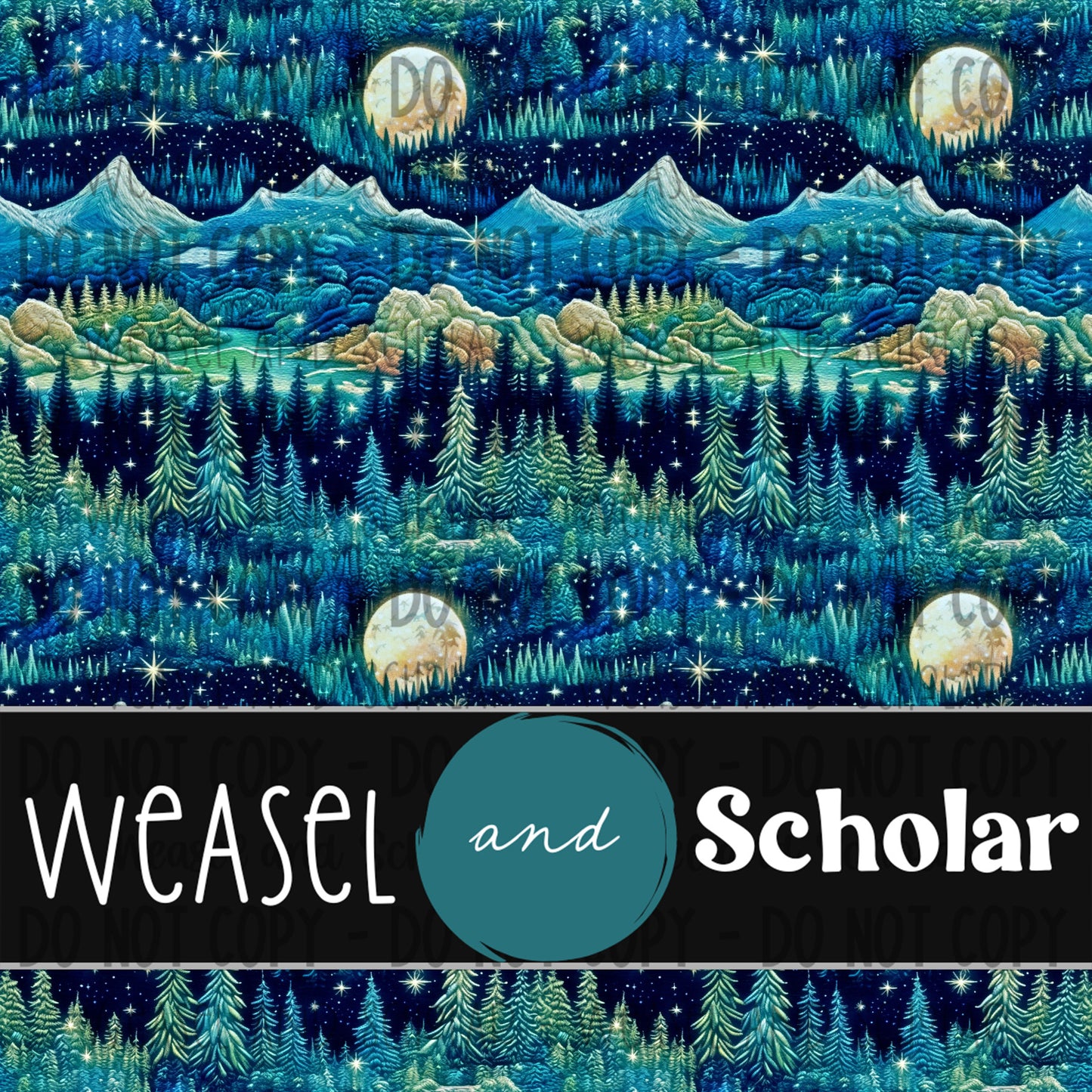 Midnight Landscape, Embroidery Seamless Pattern, Digital Paper File, Tileable