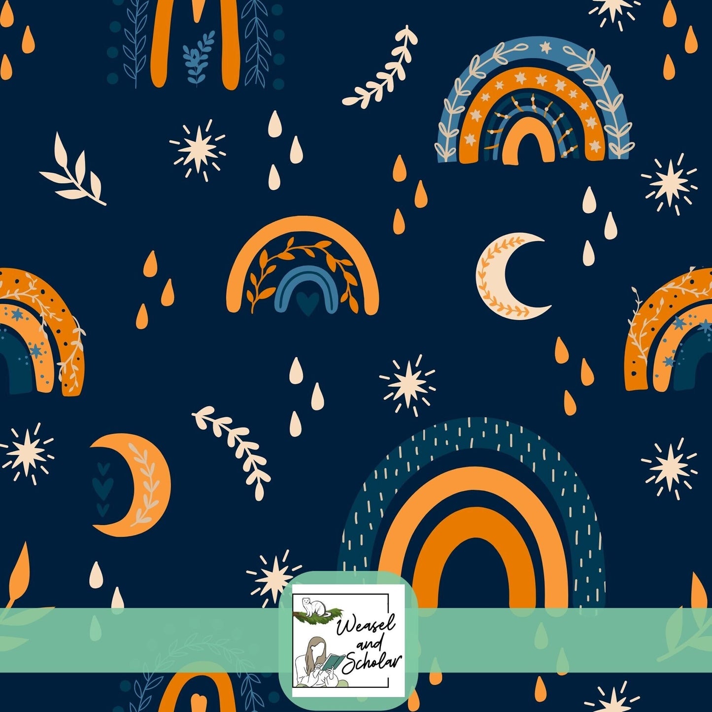 Boho Rainbows Night Pattern, Harvest Moons, Seamless Digital File, Repeating, Tileable Pattern