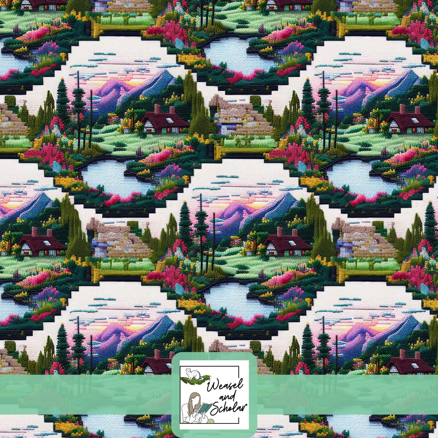 Mountain Cottage, Embroidery Seamless Pattern, Digital Paper File, Tileable