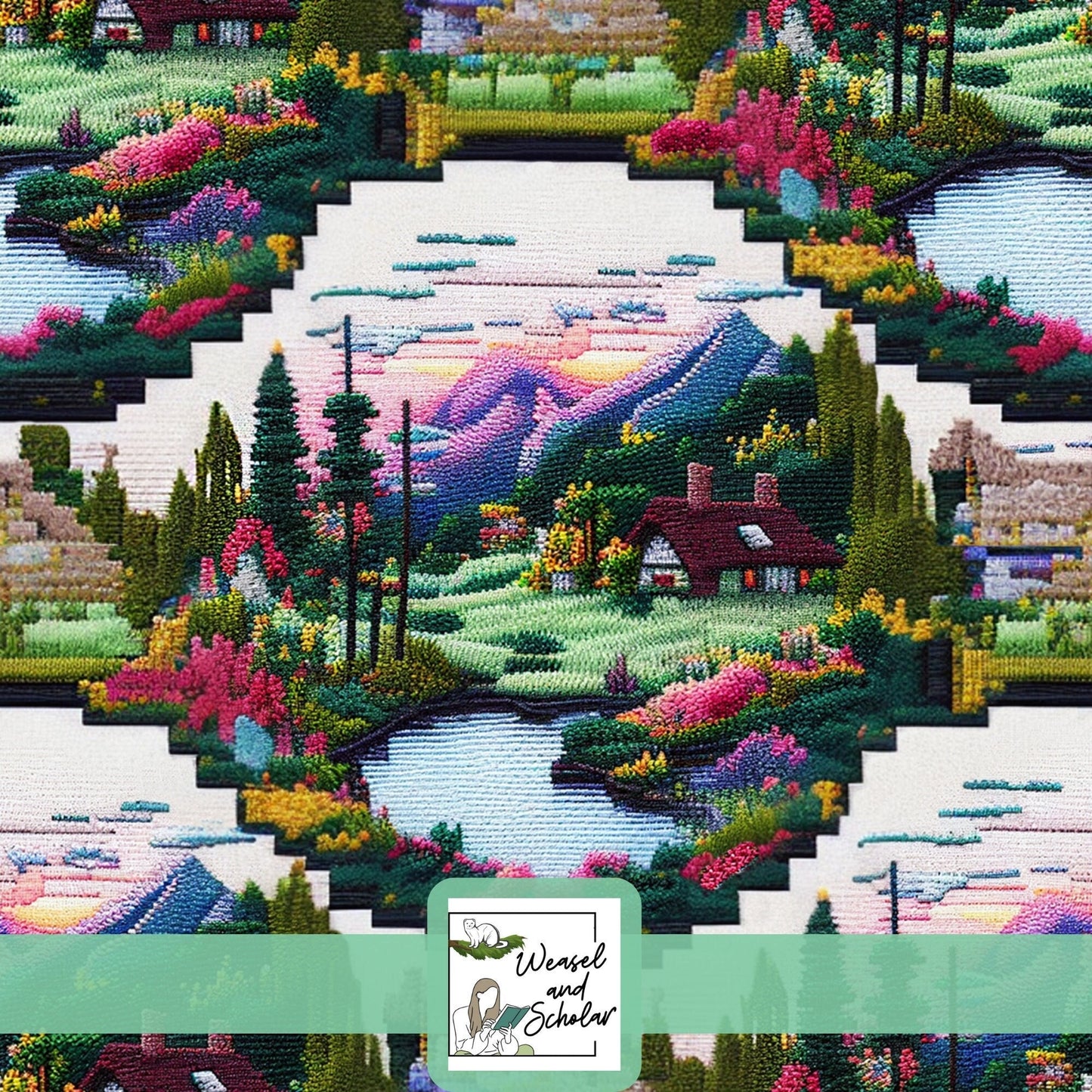 Mountain Cottage, Embroidery Seamless Pattern, Digital Paper File, Tileable