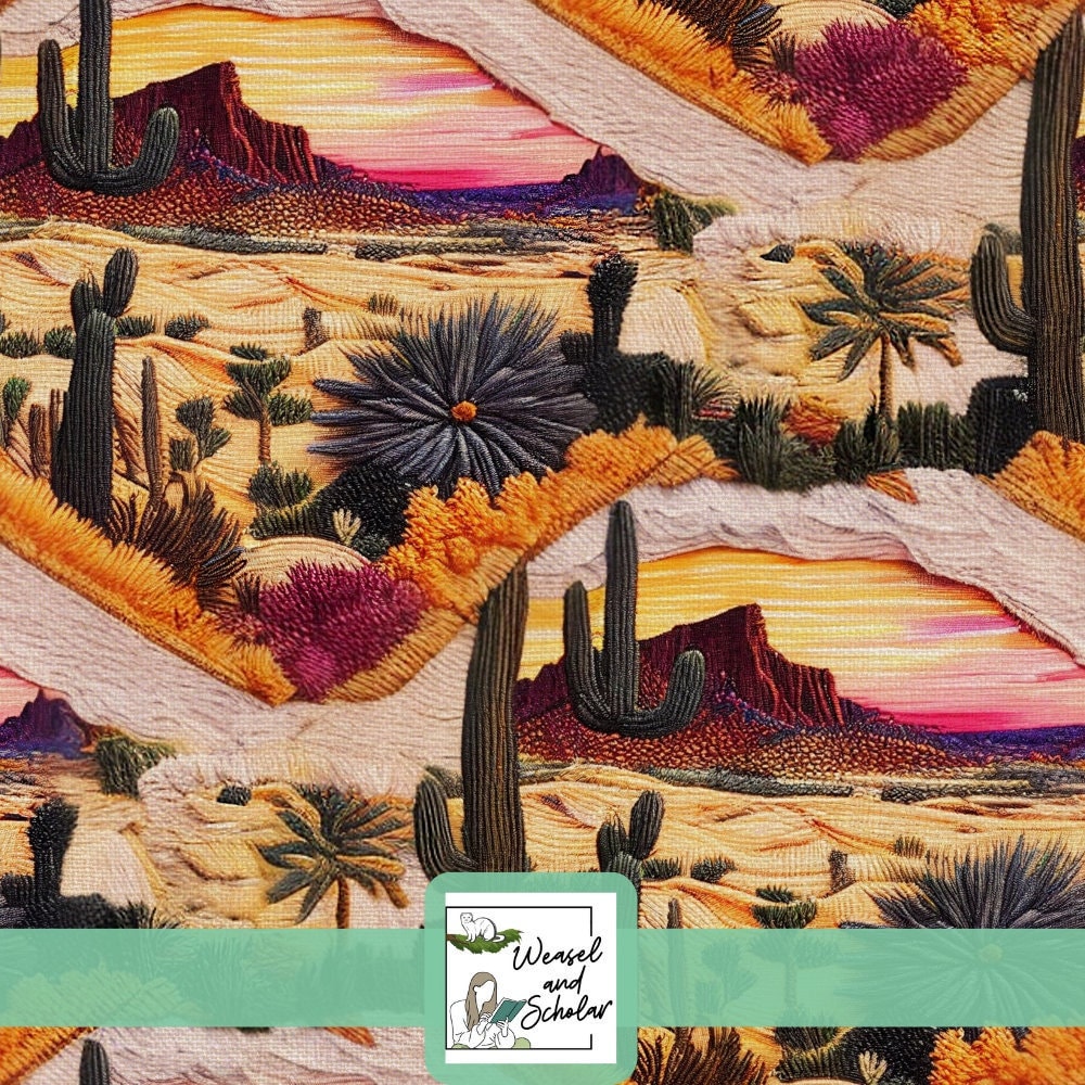 Desert Sunset Landscape, Embroidery Seamless Pattern, Digital Paper File, Tileable